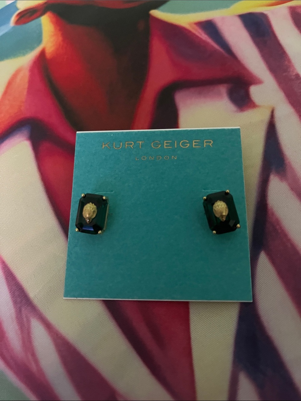 Kurt Geiger Dark Green Crystal and Gold Bee Stud Earrings